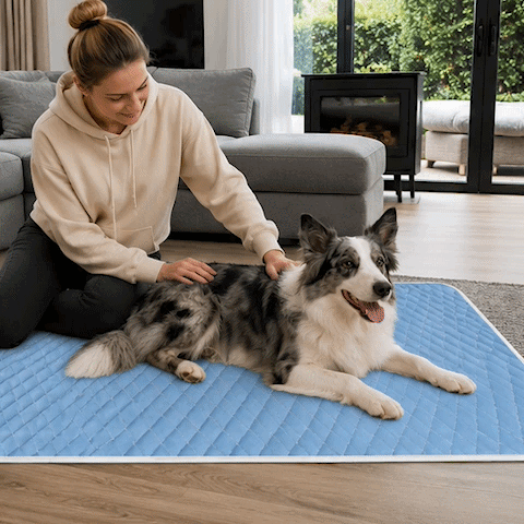 Tapis rafraichissant Chien GIF bleu sur le sol du salon devant canapé avec berger australien heureux et sa maîtresse le caressant trois images en boucle