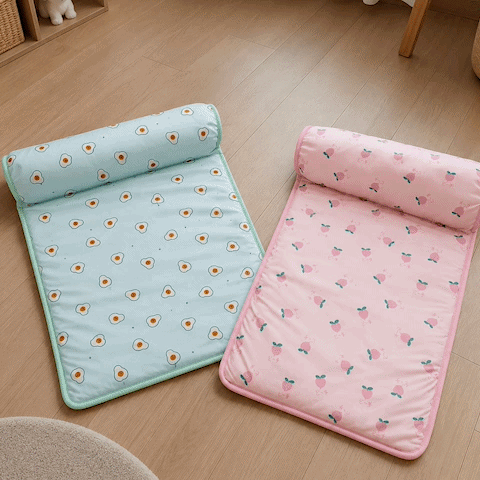 Tapis rafraîchissant Chien GIF vert et un rose vide sur le sol et rose avec chien couché et sa maîtresse devant canapé et vert avec caniche brun couché et sa maîtresse devant canapé