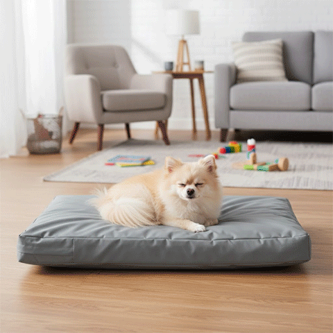Coussin pour Chien GIF gris sur plancher bois avec poméranien ou husky couché et heureux ou dans une cage pour chien en trois images en boucle