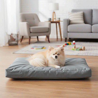 Coussin pour Chien GIF gris sur plancher bois avec poméranien ou husky couché et heureux ou dans une cage pour chien en trois images en boucle