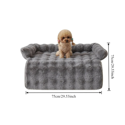 Protection canapé chien gris avec canche brun assis sur fond blanc proposant les dimensions 