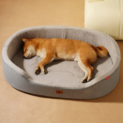 Panier Chien gris sur moquette beige avec chien dormant paisiblement