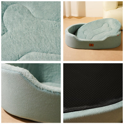 Panier Chien bleu lac vide en quatre images montrant un os brodé en images un et deux et image trois le contour laineux et quatre le dessous antidérapant