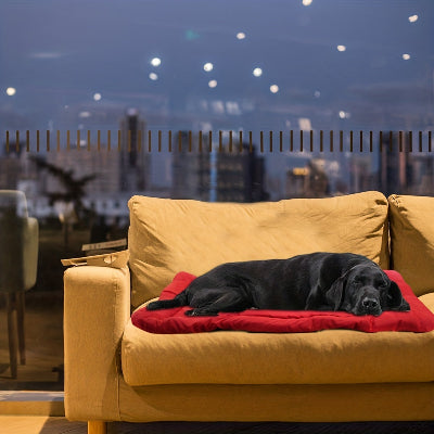 Lit de camp pour chien rouge sur canapé jaune-beige avec labrador noir dormant paisiblement