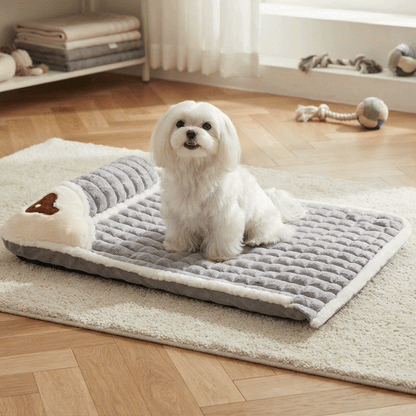 Lit pour Chien GIF gris sur moquette beige du salon avec chien assis heureux et souriant et vert avec chin dormant et café avec chien couché en trois images en boucle
