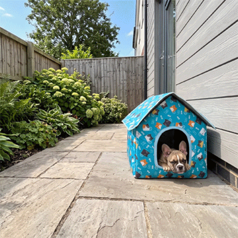 Maison pour chien GIF bleu à l'extérieur avec pug ou autres chiens regardant l'objectif heureux en trois images en boucle