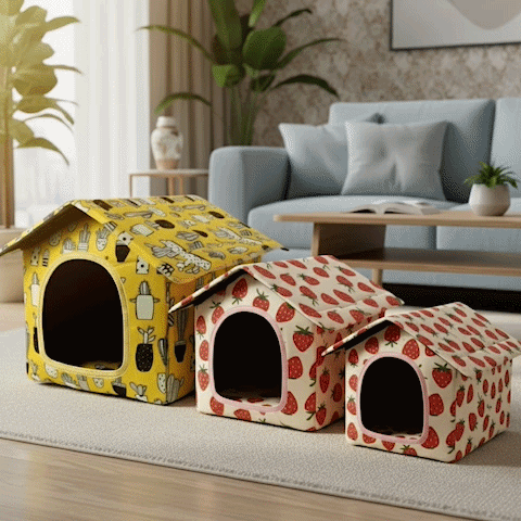 Maison pour chien GIF jaune - rouge vide sur plancher bois dans salon proposant les trois grandeurs et  jaune sur plancher céramique avec chien couché à moitié sorti et heureux et rouge  avec chien couché en camping en trois images en boucle