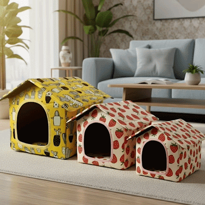 Maison pour chien GIF jaune - rouge vide sur plancher bois dans salon proposant les trois grandeurs et  jaune sur plancher céramique avec chien couché à moitié sorti et heureux et rouge  avec chien couché en camping en trois images en boucle