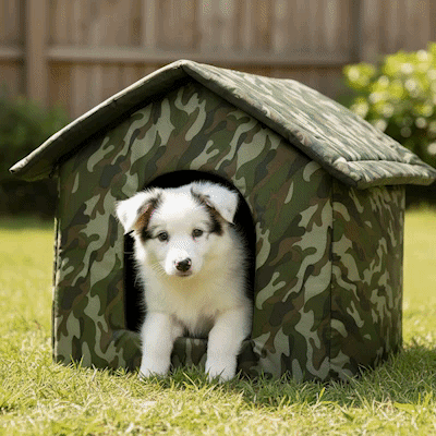 Niche pour Chien extérieur vert camouflage sur gazon avec chiot assis regardant à l'extérieur et vide en forêt en trois images en boucle