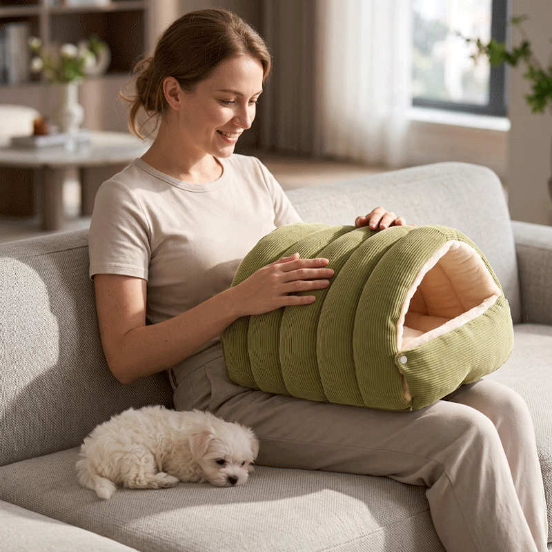 Panier pour petit chien GIF vert vide sur genoux de la maîtresse assise sur canapé avec chiot caniche à côté et vert installant par maîtresse dans salon avec chien assis la regardant et beige sur sur planchers bois salon avec chiwawa sortant heureux en trois images en boucle