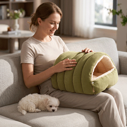 Panier pour petit chien GIF vert vide sur genoux de la maîtresse assise sur canapé avec chiot caniche à côté et vert installant par maîtresse dans salon avec chien assis la regardant et beige sur sur planchers bois salon avec chiwawa sortant heureux en trois images en boucle