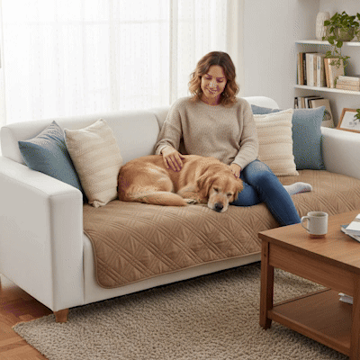 Protection canapé  GIF gris rouge marron sur canapé blanc avec golden retriever couché près de leurs maîtres les regardant lire en trois images défilants en boucle