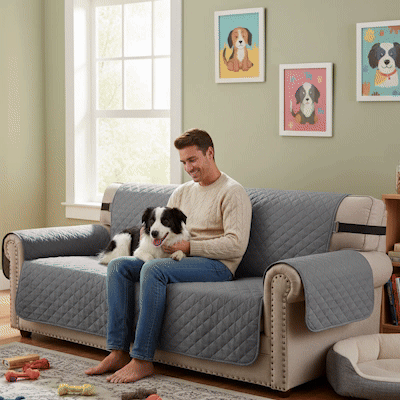 Protection canapé GIF gris sur canapé kaki avec chien noir et blanc couché collé à son maître l'enlaçant et camel avec golden retriever couché collé à sa maîtresse et kaki avec golden retriever dormant près de son maître trois images en boucle