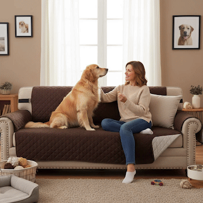 Protection canapé  GIF café sur canapé beige avec golden retriever assis heureux et sa maîtresse heureuse le caressant et rouge sur canapé beige avec chien blanc assis et marine avec golden retriever couché tête sur genoux de sa maîtresse en trois images en boucle