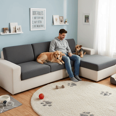 Protection canapé GIF gris foncé sur sectionnel en L crème avec golden retriever et chien couché près de son maître et avec golden retriever couché près de son maître lisant et avec chien couché près de la maîtresse lisant en trois images en boucle