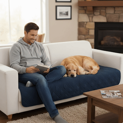 Protection canapé chien GIF bleu sur canapé blanc avec golden retriever couché près de son maître et un marron   et un gris sur canapé blanc avec golden retriever couché à côté de sa maîtresse en trois images en boucle