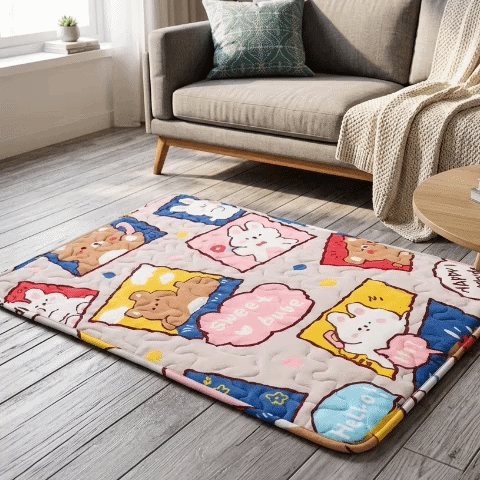 Tapis rafraichissant pour Chien GIF Beige/multicolore/animales vide sur plancher bois gris et  avec chiens se reposant en trois images en boucle