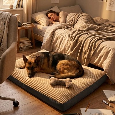 Coussin pour Chien kaki avec berger allemand à côté du lit