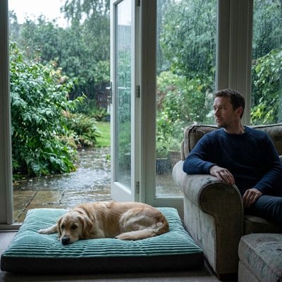 Coussin pour Chien vert avec golden retriever à côté d'un divan