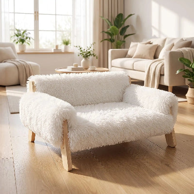 Lit pour Chien blanc vide sur planchers de bois du salon