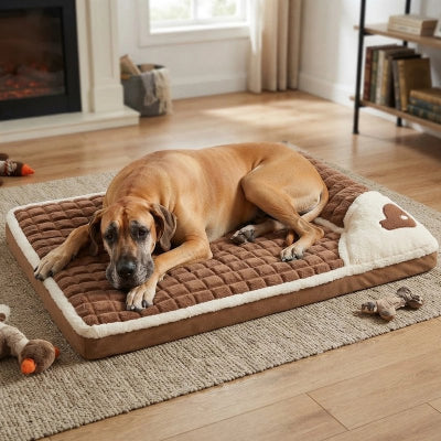 Lit pour Chien café sur moquette beige avec grand danois couché se reposant