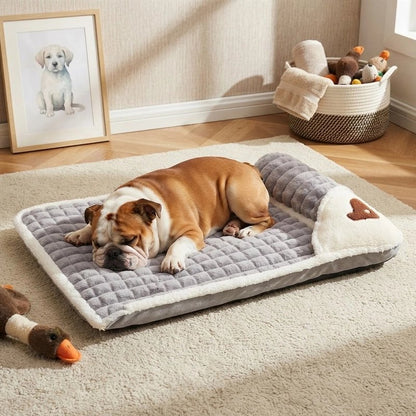 Lit pour Chien gris sur moquette beige du salon avec chien dormant paisiblement