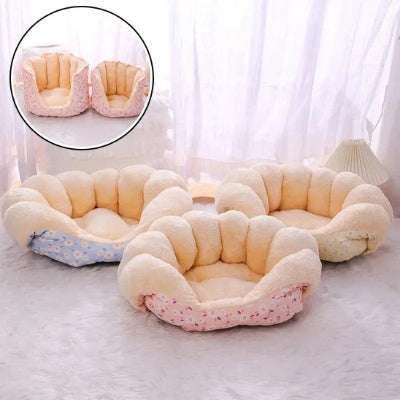 Lit pour chien vide trois couleurs sur moquette poils longs blancs et bulle haut gauche fleurs roses