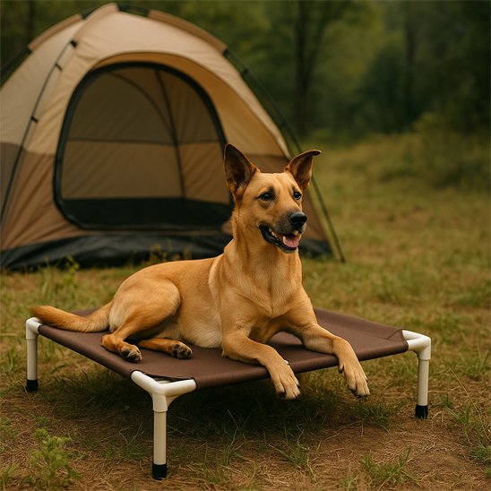 Lit  surélevé Chien beige avec chien dessus en camping