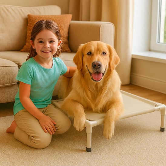 Lit surélevé Chien beige avec chien golden retriever et petite fille à ces côtés dans le salon