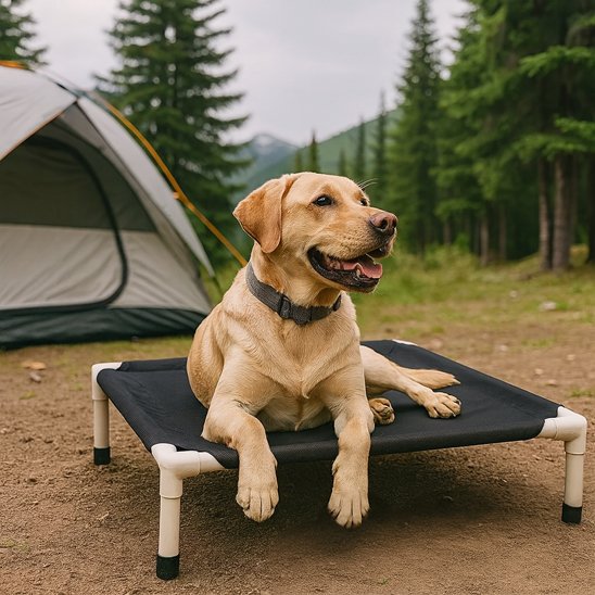 Lit  surélevé Chien noir avec chien dessus en camping