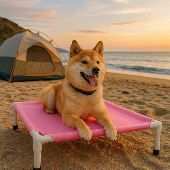 Lit surélevé Chien rose avec chien dessus sur le bord de plage en camping