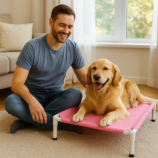 Lit  surélevé Chien rose avec chien golden retriever et un homme à ces côtés dans le salon