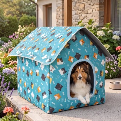 Maison pour chien bleu à l'extérieur avec colley regardant l'objectif heureux 