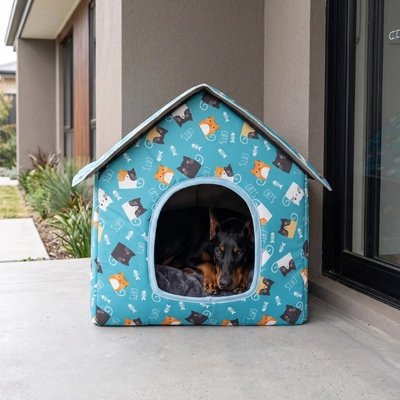 Maison pour chien bleu à l'extérieur avec doberman regardant l'objectif heureux 