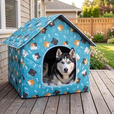 Maison pour chien bleu à l'extérieur avec husky regardant l'objectif tête sortie heureux 