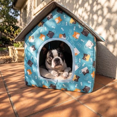 Maison pour chien bleu à l'extérieur avec pug regardant l'objectif heureux