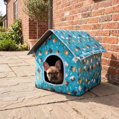 Maison pour chien bleu à l'extérieur avec pug regardant l'objectif tête sortie heureux 
