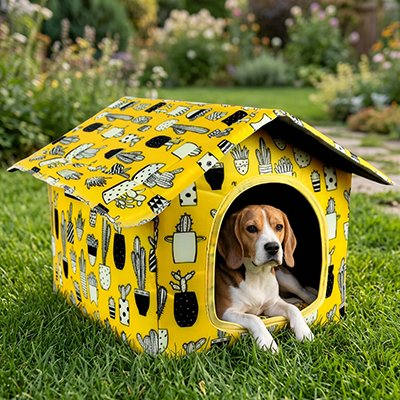 Maison pour chien  jaune sur gazon avec chien couché à moitié sorti et heureux