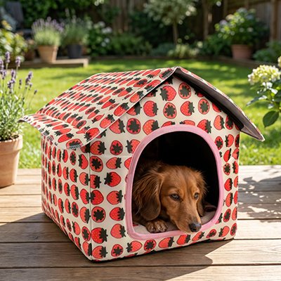 Maison pour chien  rouge sur patio extérieur avec chien brun couché regardant l'objectif