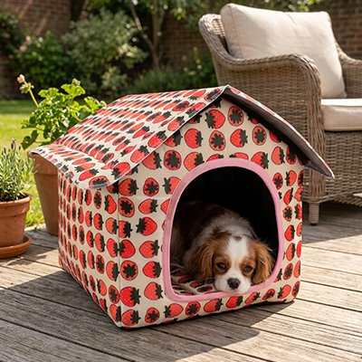 Maison pour chien rouge sur patio extérieur avec chien couché regardant l'objectif
