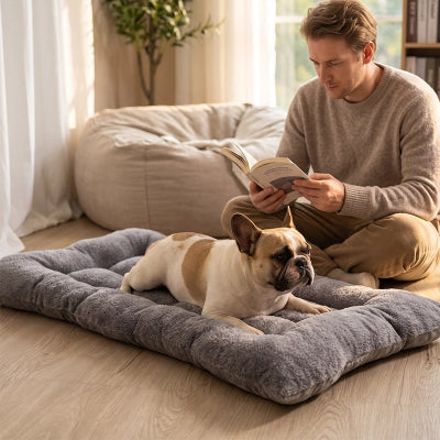 Matelas pour chien​ gris sur planchers de bois du salon avec pug couché et son maître assis à côté lisant un livre
