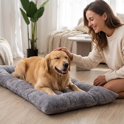 Matelas pour chien​ gris sur planchers de bois du salon avec golden retriever couché et sa maitresse accroupi le caressant