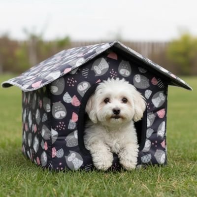 Niche pour Chien extérieur gris sur gazon avec caniche à moitié sorti regardant l'objectif