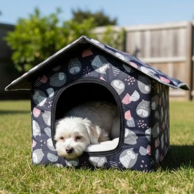 Niche pour Chien extérieur gris sur gazon avec caniche se reposant