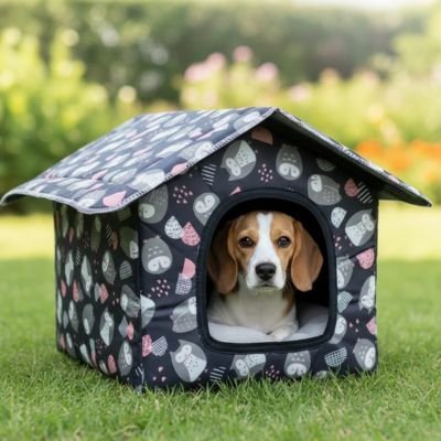 Niche pour Chien extérieur gris sur gazon avec chien couché regardant l'objectif