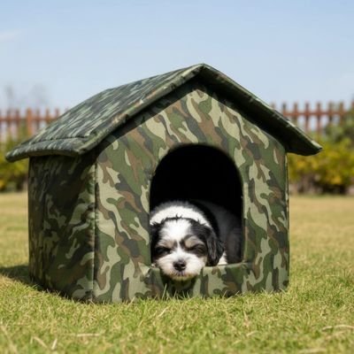 Niche pour Chien extérieur vert camouflage dans champ avec chien blanc et noir couché dormant paisiblement