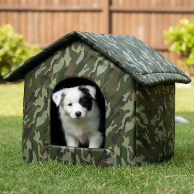 Niche pour Chien extérieur vert camouflage sur gazon avec chiot assis regardant à l'extérieur