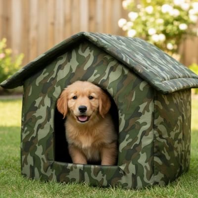 Niche pour Chien extérieur vert camouflage sur gazon avec chiot golden retriever assis tête sortie heureux et souriant