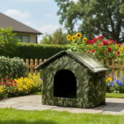 Niche pour Chien extérieur vert camouflage vide sur pavés de dalles de ciment avec paysagement fleuris 