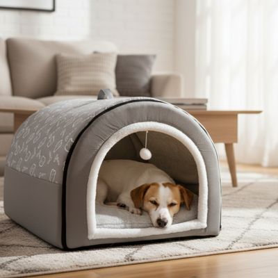 Niche pour Chien interieur gris sur moquette du salon avec chien dormant paisiblement 